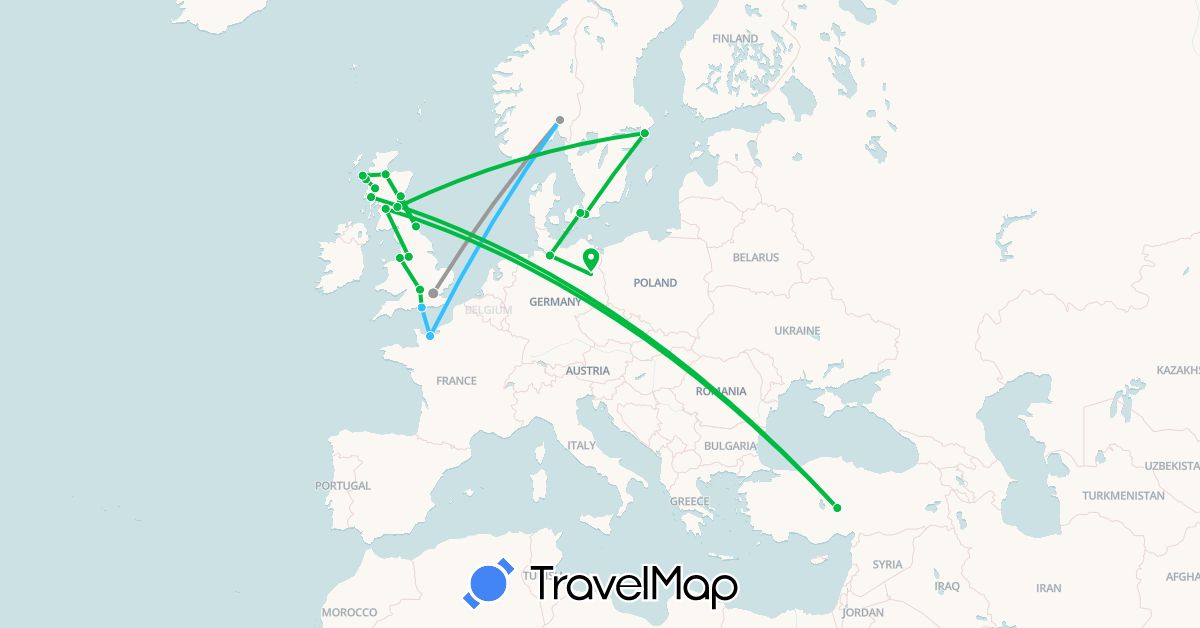 TravelMap itinerary: bus, plane, boat in Germany, Denmark, France, United Kingdom, Norway, Sweden, Turkey (Asia, Europe)