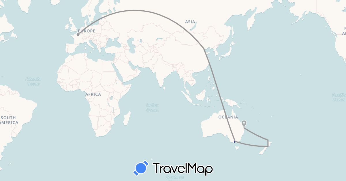 TravelMap itinerary: driving, plane in Australia, China, France, New Zealand (Asia, Europe, Oceania)